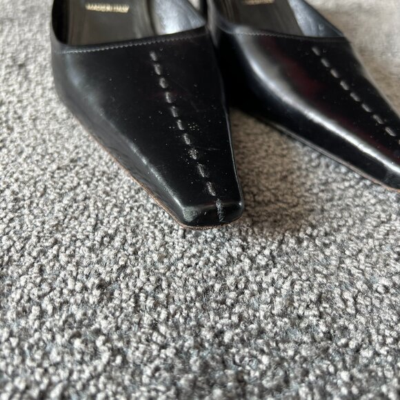 Prada Mules Black Leather Slip On Kitten Heels Slides Shoes Size 37 Made Italy - Picture 4 of 16